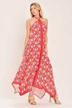 TROPICAL TEMPTATION HALTER WOVEN MIDI DRESS Flying Tomato