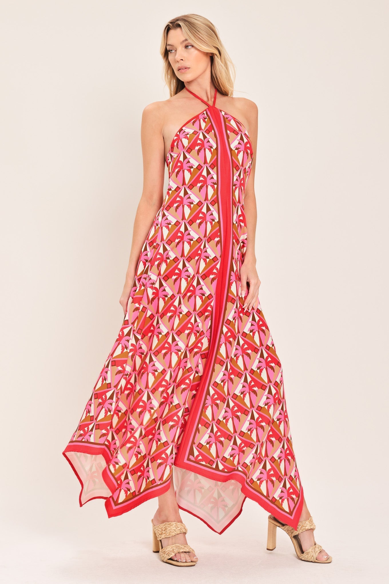 TROPICAL TEMPTATION HALTER WOVEN MIDI DRESS Flying Tomato
