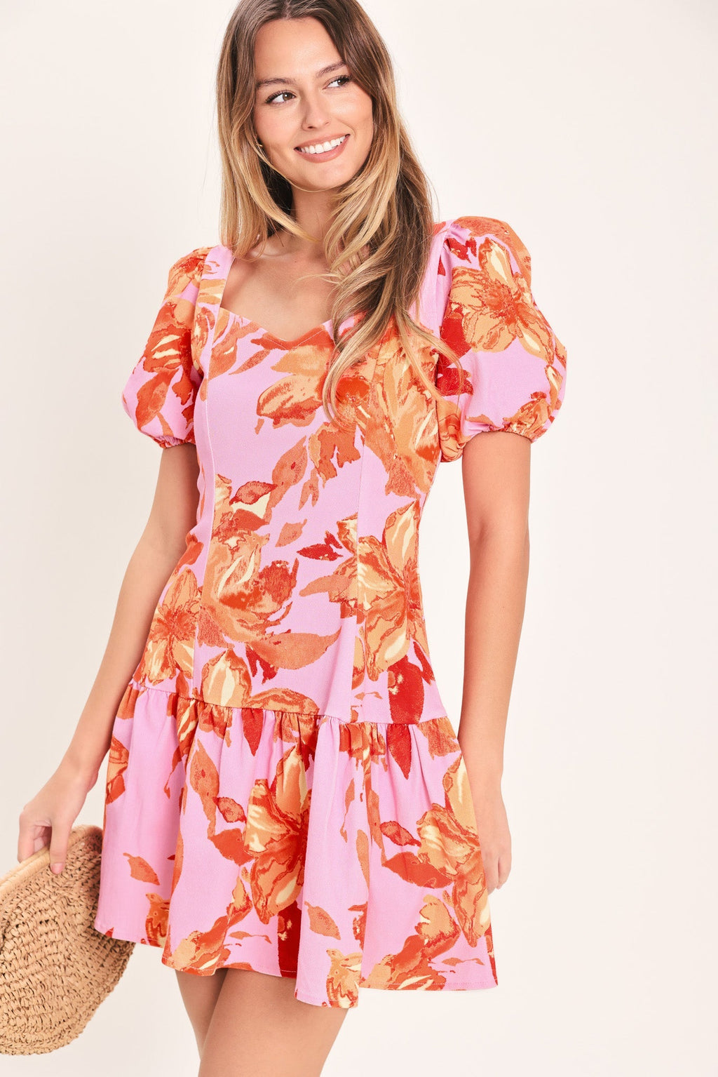 PINK BLOOM WOVEN MINI DRESS Flying Tomato