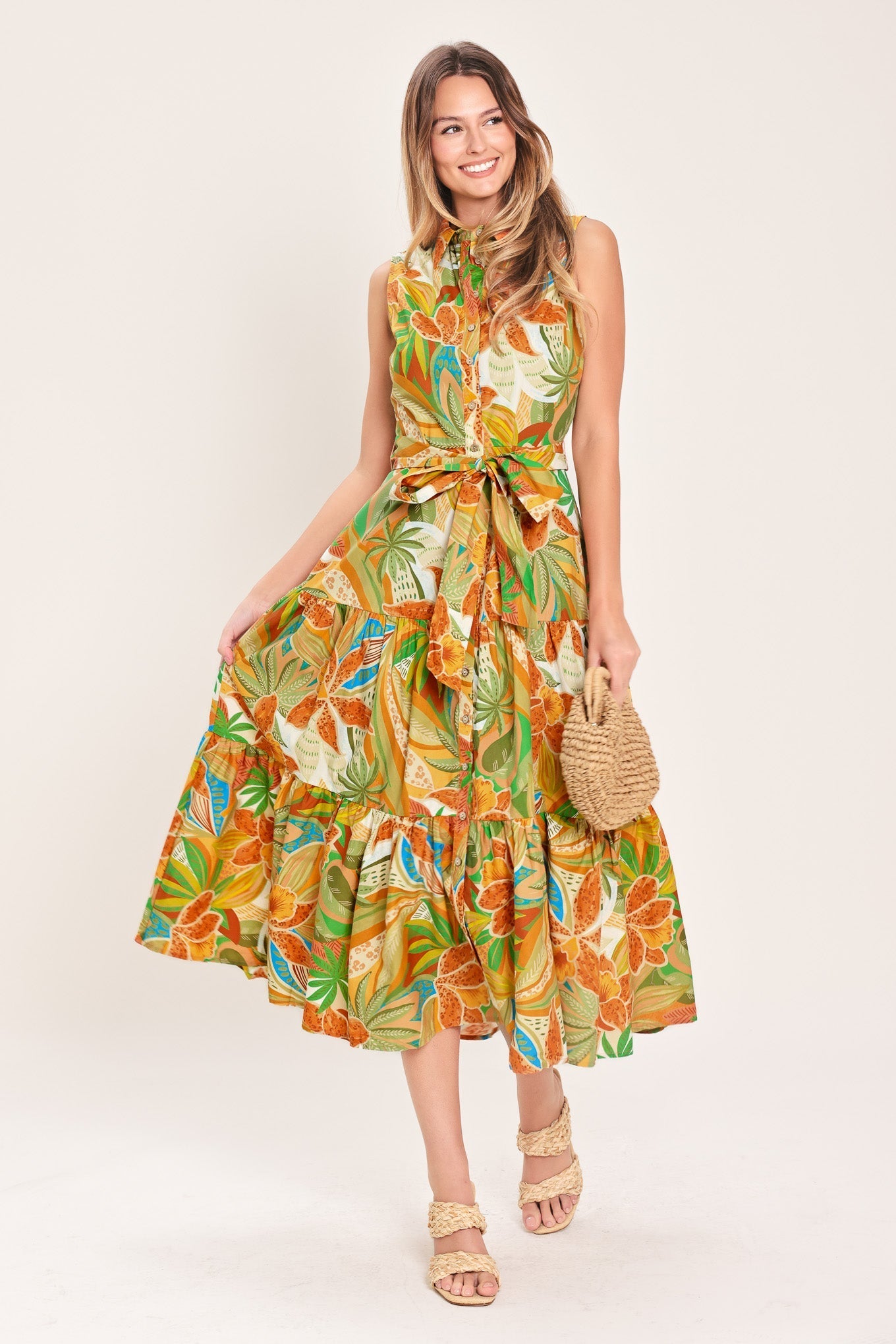TROPICAL BLOOM TIERED WOVEN MINI SHIRT DRESS Flying Tomato