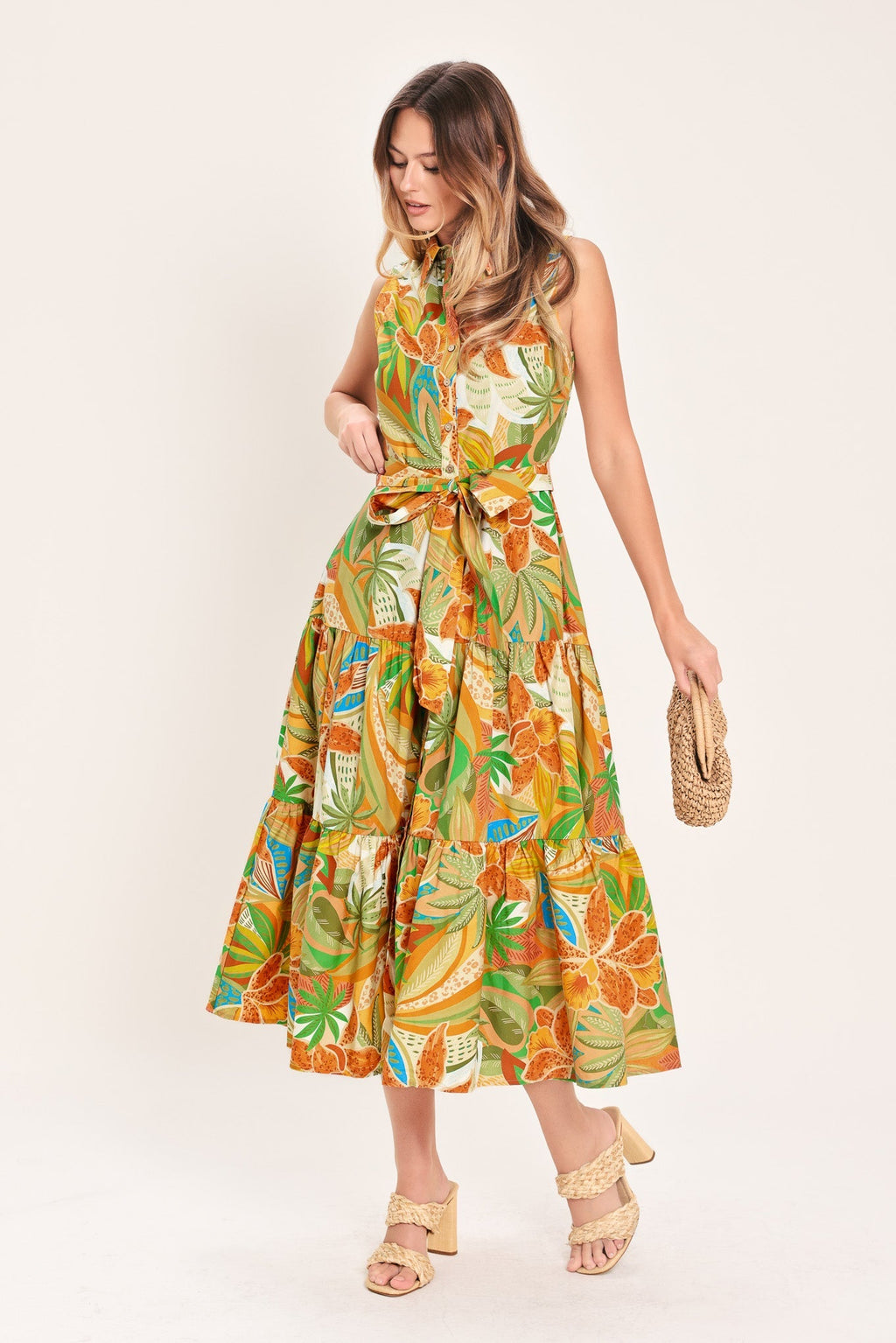 TROPICAL BLOOM TIERED WOVEN MINI SHIRT DRESS Flying Tomato