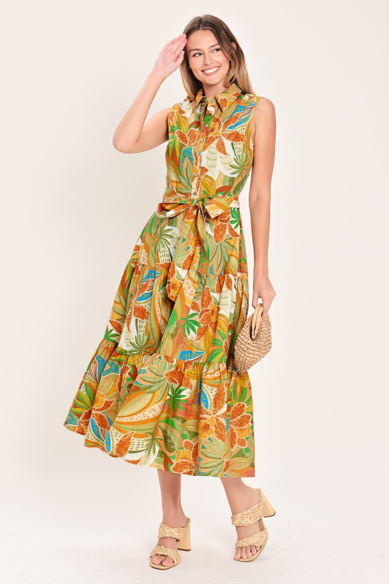 TROPICAL BLOOM TIERED WOVEN MINI SHIRT DRESS Flying Tomato