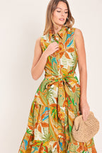 TROPICAL BLOOM TIERED WOVEN MINI SHIRT DRESS Flying Tomato