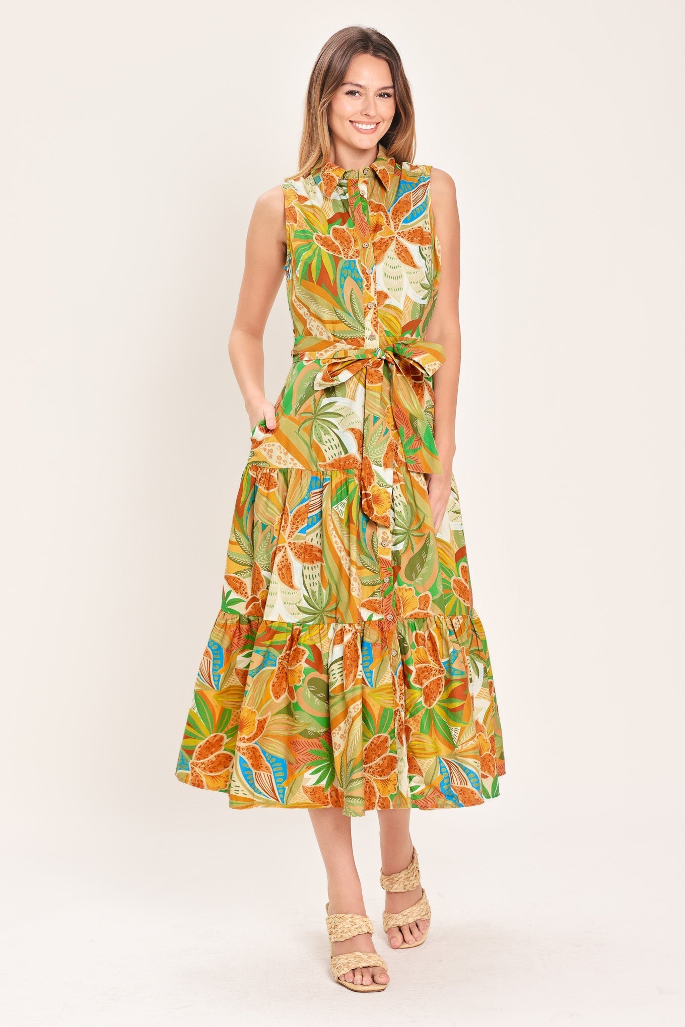 TROPICAL BLOOM TIERED WOVEN MINI SHIRT DRESS Flying Tomato
