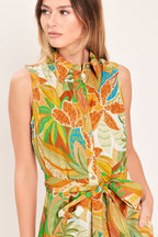 TROPICAL BLOOM TIERED WOVEN MINI SHIRT DRESS Flying Tomato