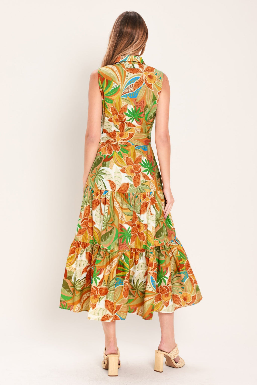 TROPICAL BLOOM TIERED WOVEN MINI SHIRT DRESS Flying Tomato