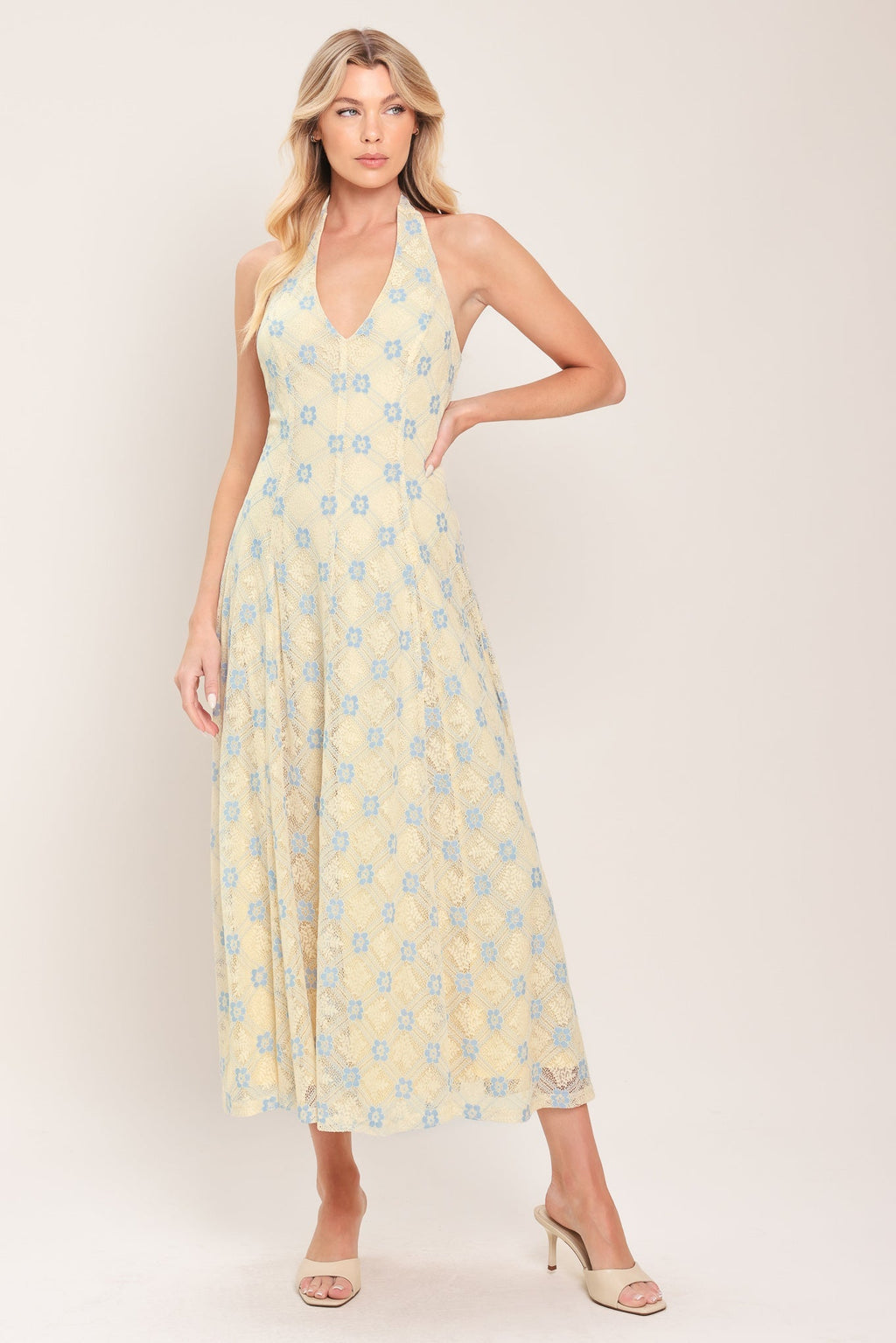 DELICATE BLOOM HALTER WOVEN LACE MIDI DRESS Flying Tomato