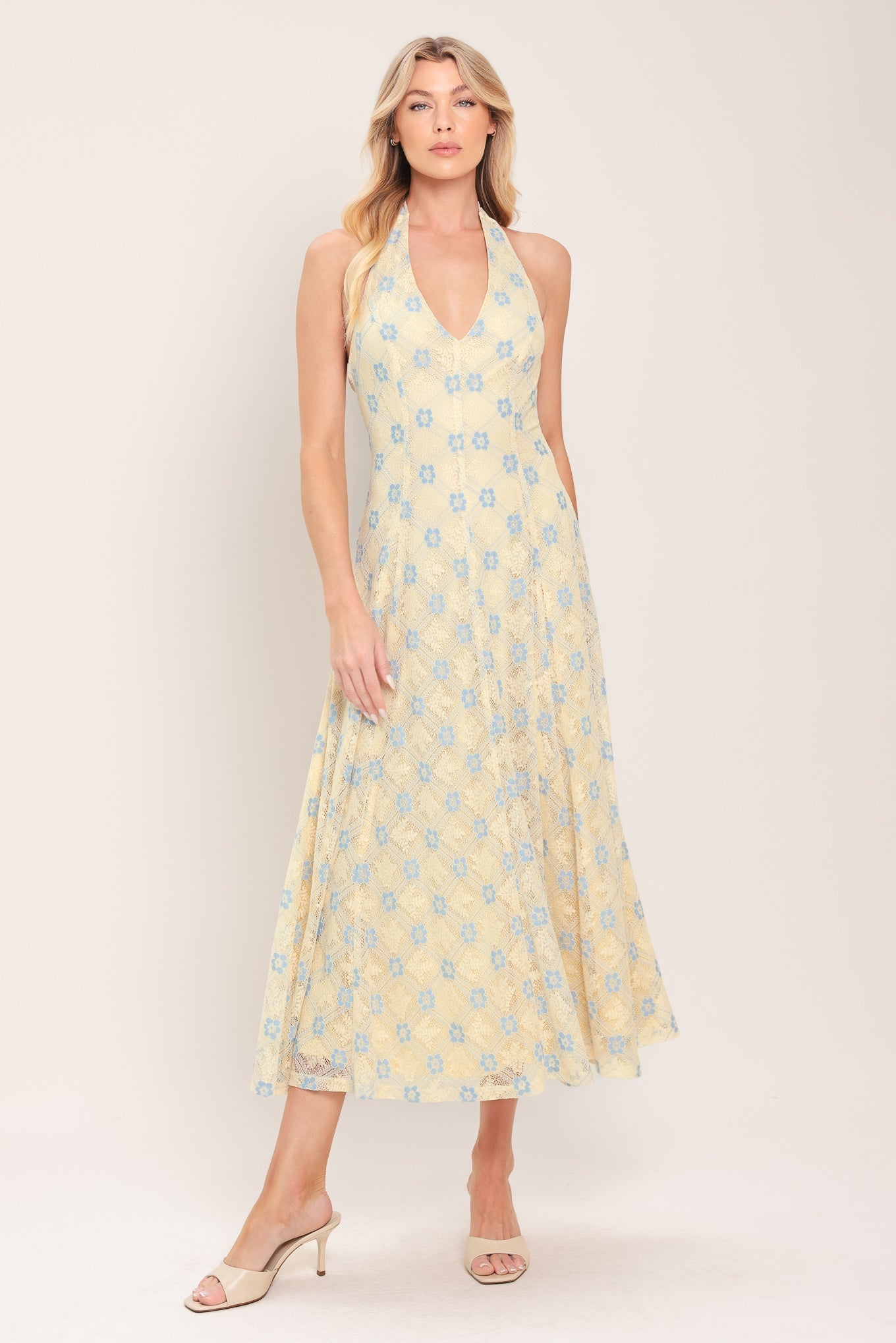 DELICATE BLOOM HALTER WOVEN LACE MIDI DRESS Flying Tomato