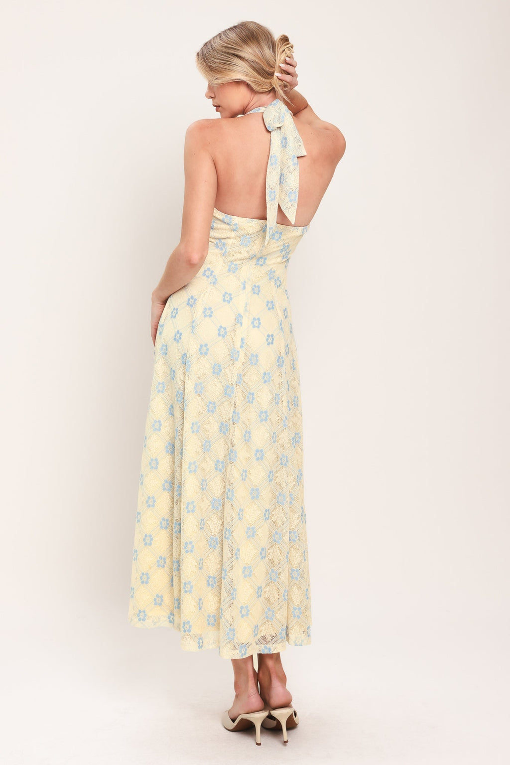 DELICATE BLOOM HALTER WOVEN LACE MIDI DRESS Flying Tomato