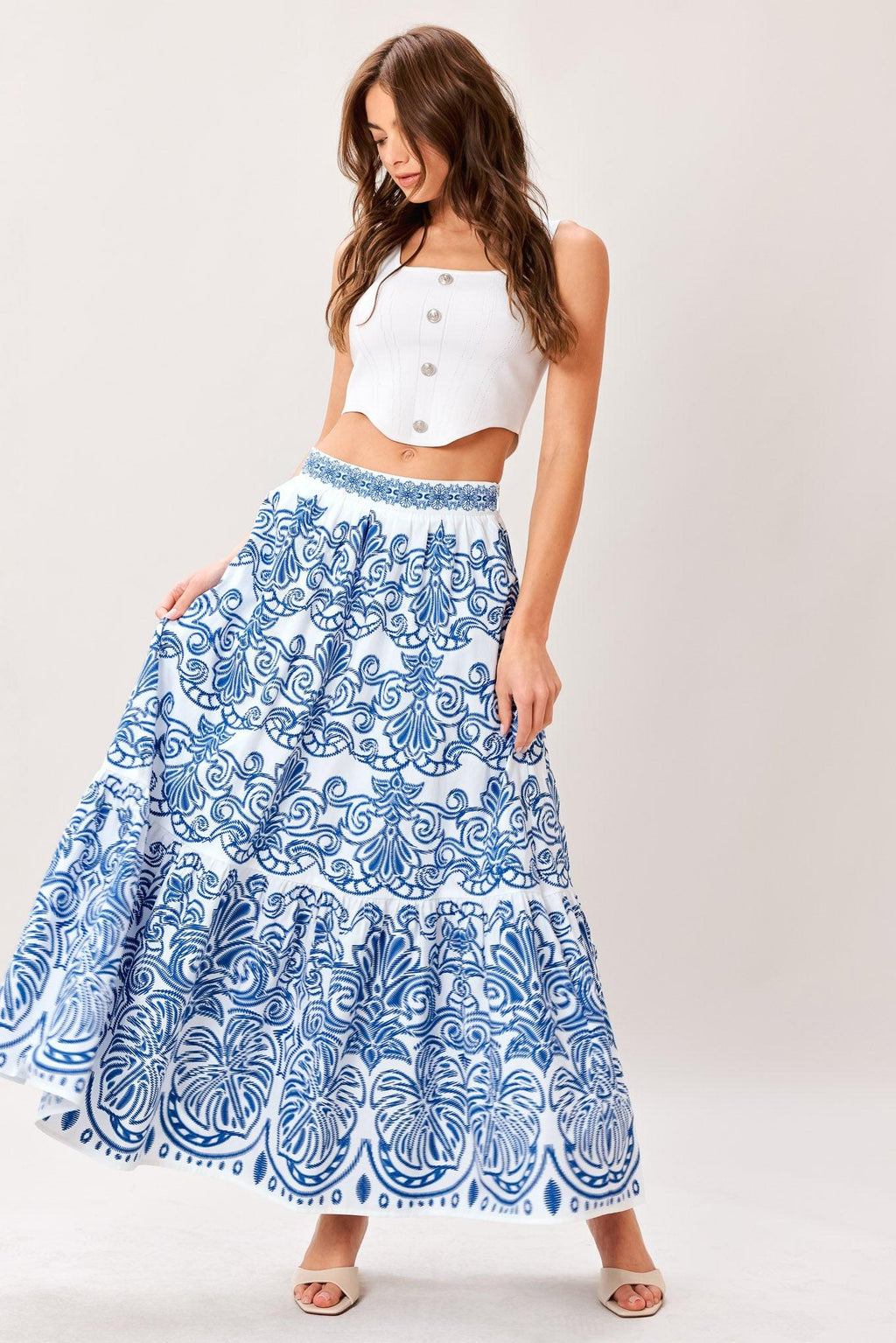 AZURE ORNATE WOVEN FULL MIDI SKIRT Flying Tomato