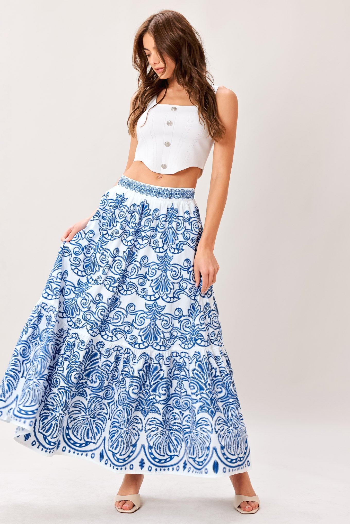 AZURE ORNATE WOVEN FULL MIDI SKIRT Flying Tomato