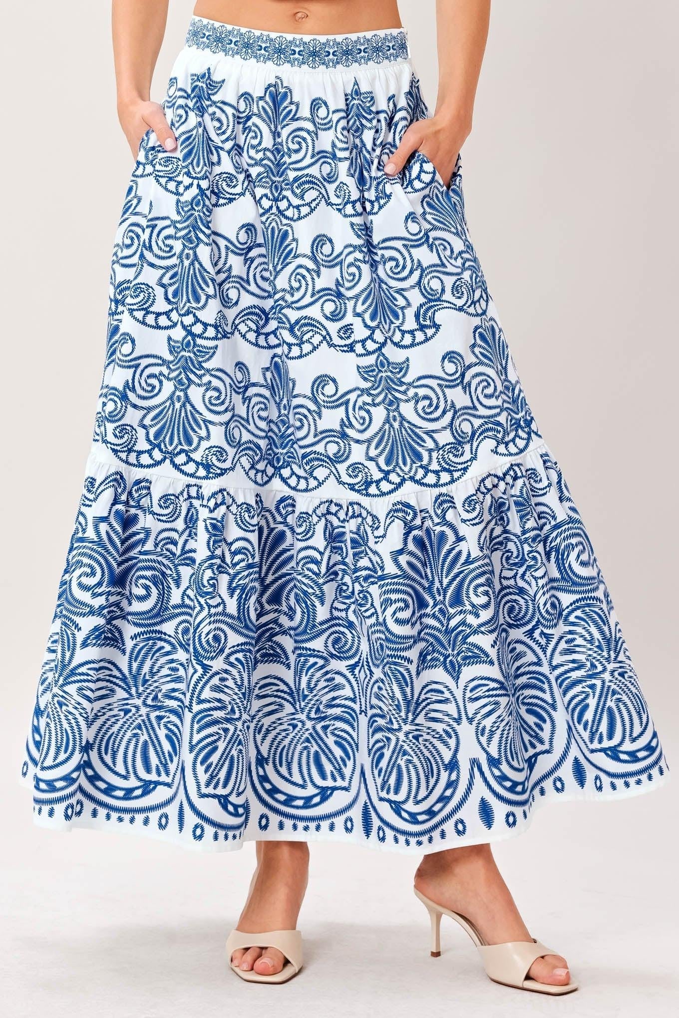 AZURE ORNATE WOVEN FULL MIDI SKIRT Flying Tomato