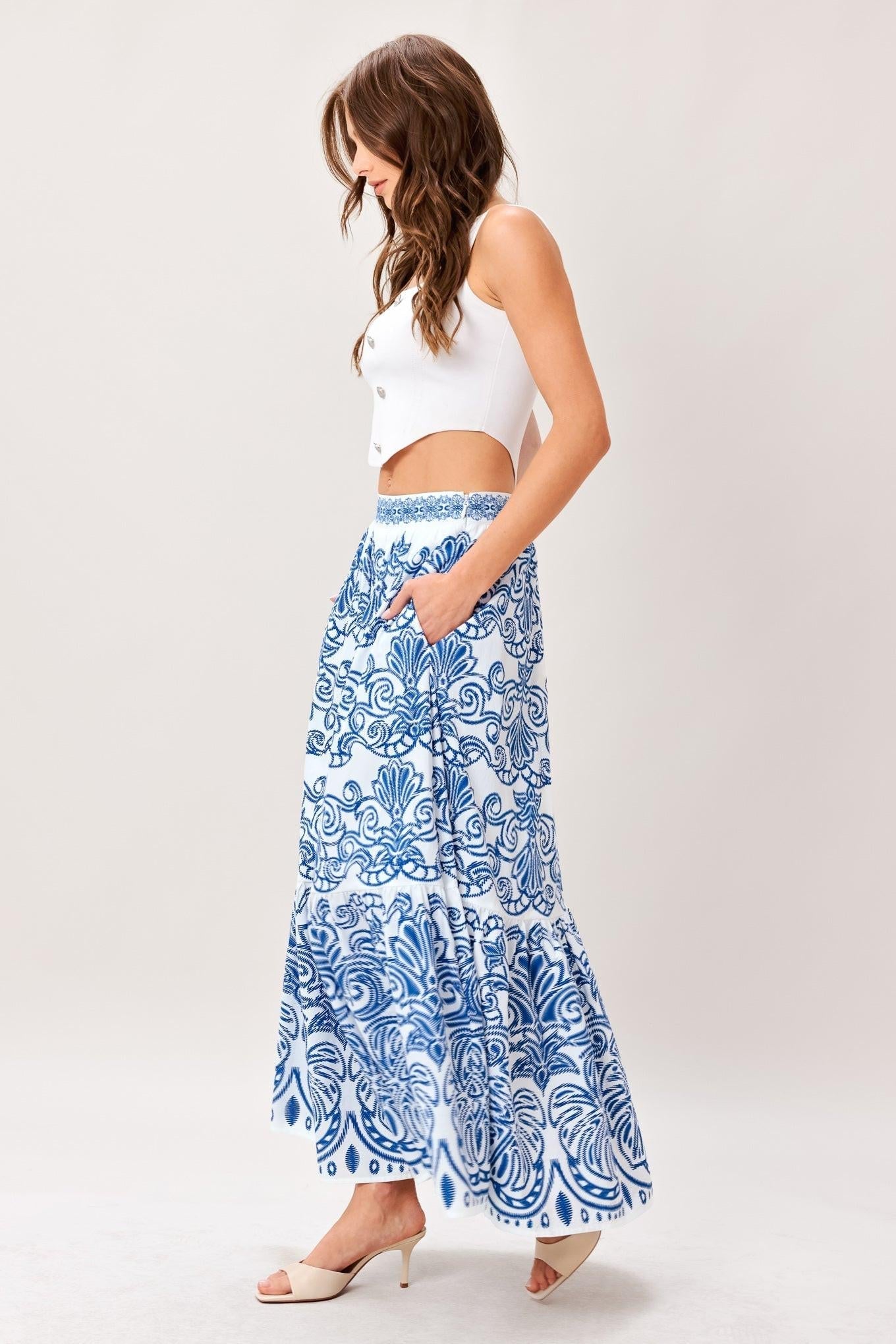 AZURE ORNATE WOVEN FULL MIDI SKIRT Flying Tomato