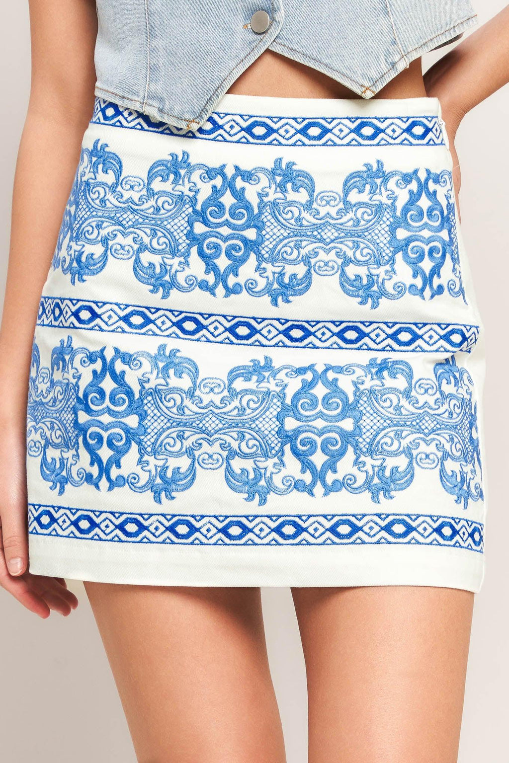 BLUE PORCELAIN WOVEN MINI SKIRT Flying Tomato