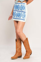 BLUE PORCELAIN WOVEN MINI SKIRT Flying Tomato