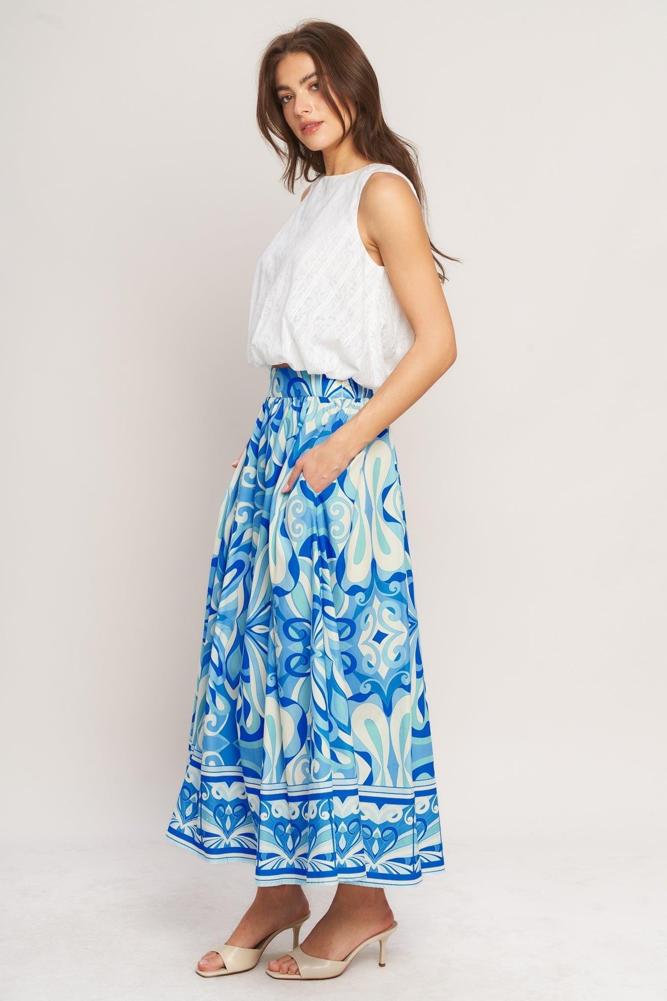 OCEAN WHIRL WOVEN FULL MIDI SKIRT Flying Tomato