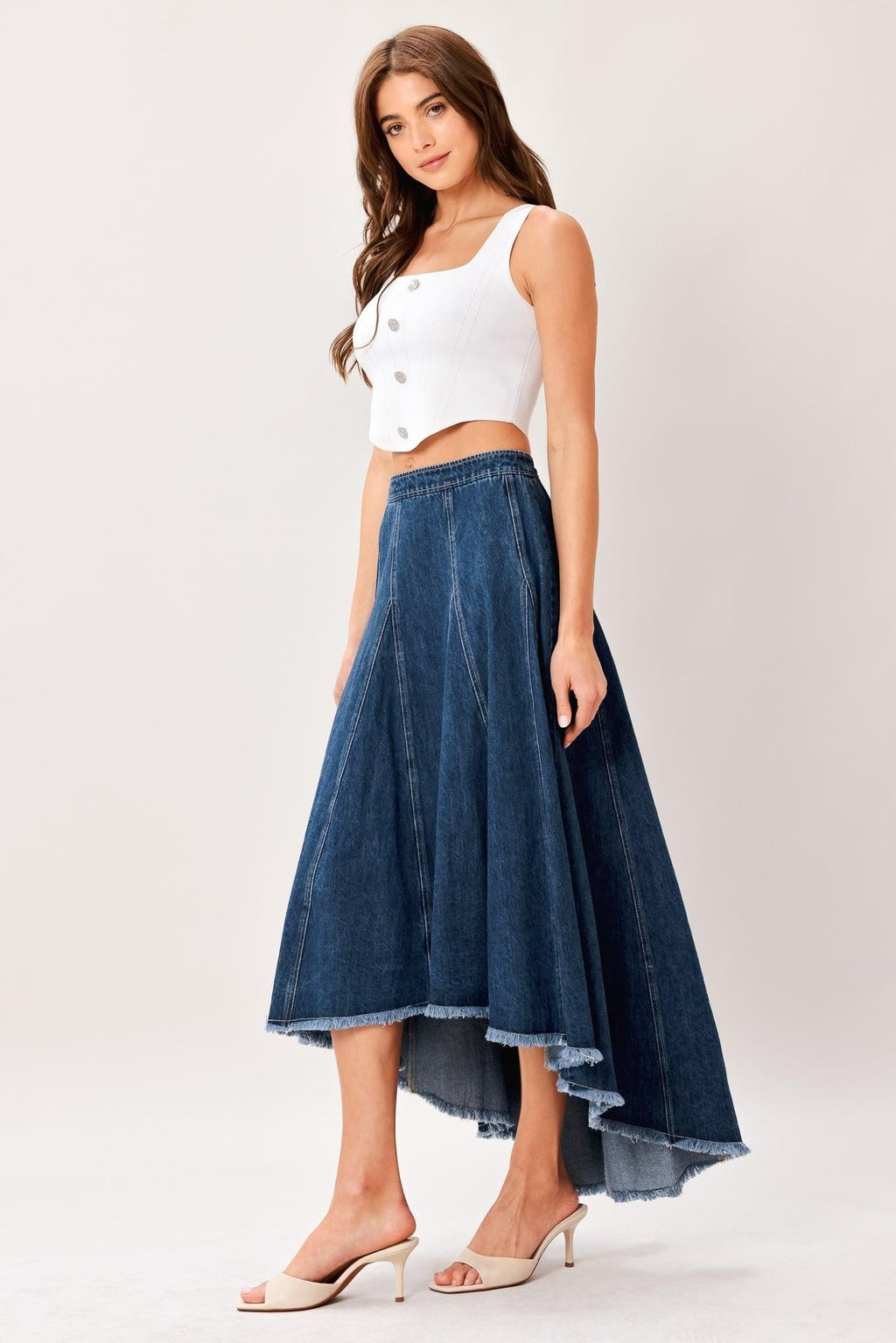 CITY SWING DENIM HI-LO MIDI CIRCLE SKIRT Flying Tomato