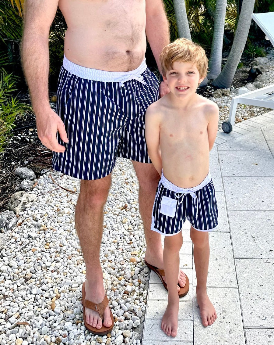 Navy Striped Mens Swim Trunks-FINAL SALE Smockingbird