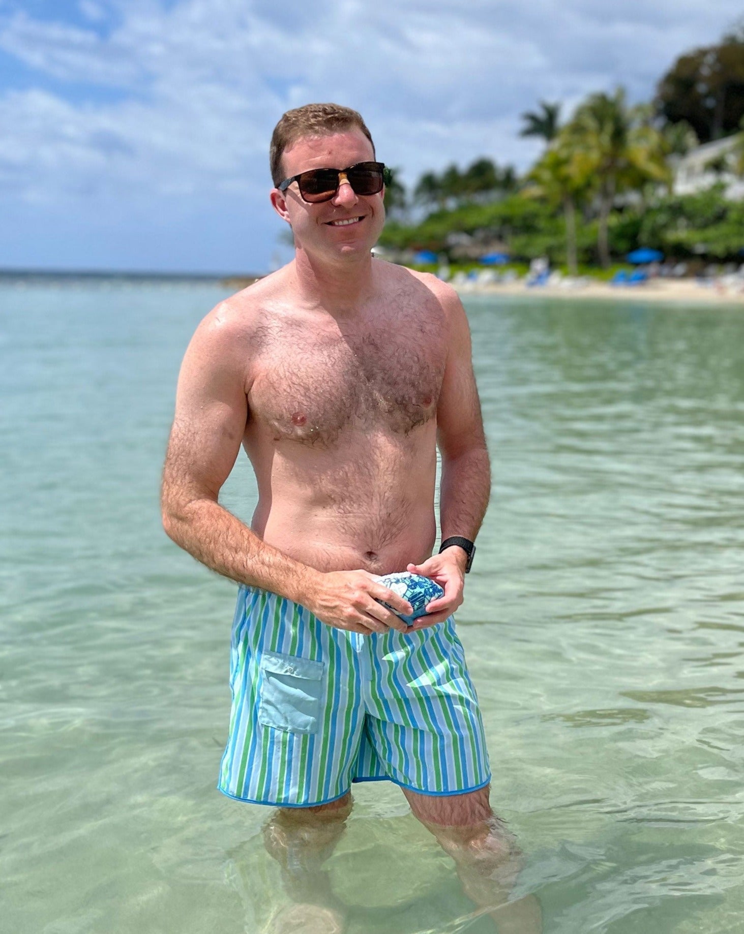 Men's Blue and Green Striped Swim Trunks-FINAL SALE Smockingbird