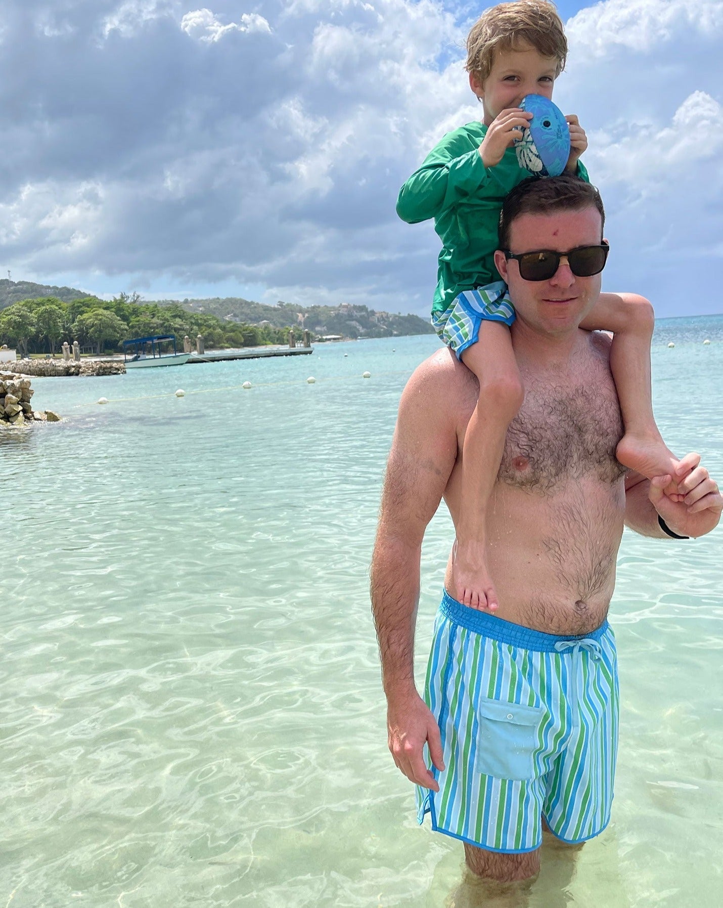 Men's Blue and Green Striped Swim Trunks-FINAL SALE Smockingbird