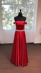 Off-shoulder Ruby Red A-line Japanese Soft Satin Prom Dress with Crystal Beaded Sash SelenaHuanStudio