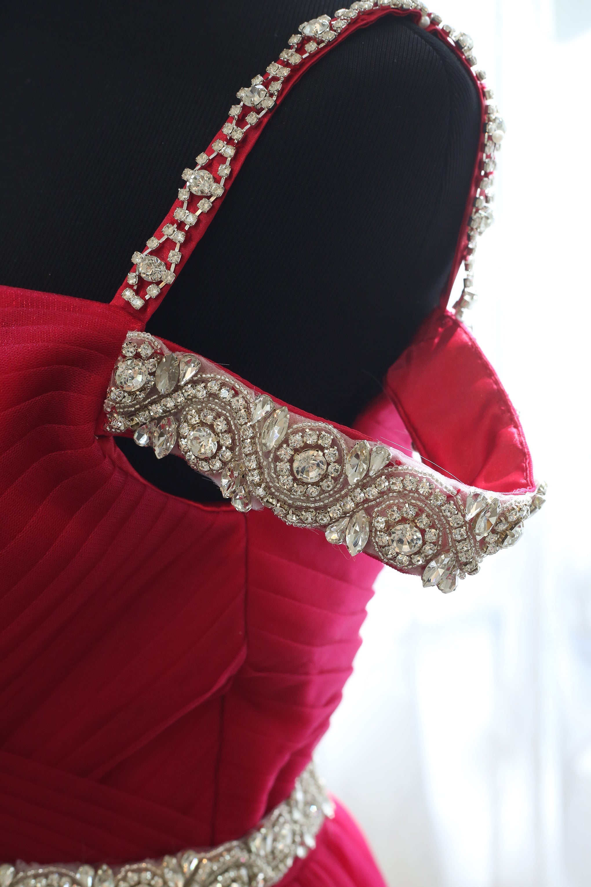 Crystal Beaded Off-shoulder Ruby Red Japanese A-line Soft Tulle Prom Dress SelenaHuanStudio