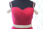 Crystal Beaded Off-shoulder Ruby Red Japanese A-line Soft Tulle Prom Dress SelenaHuanStudio