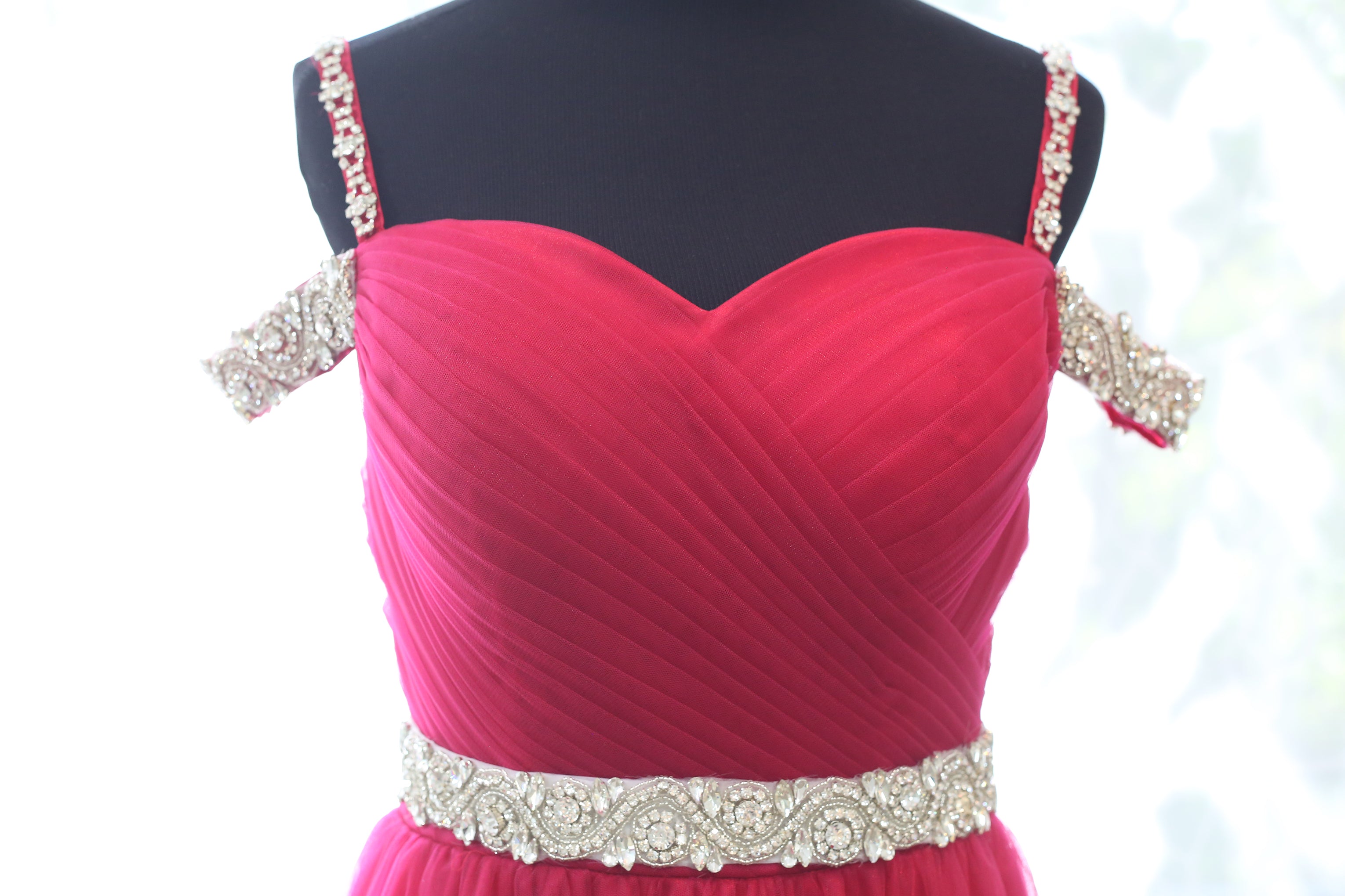 Crystal Beaded Off-shoulder Ruby Red Japanese A-line Soft Tulle Prom Dress SelenaHuanStudio