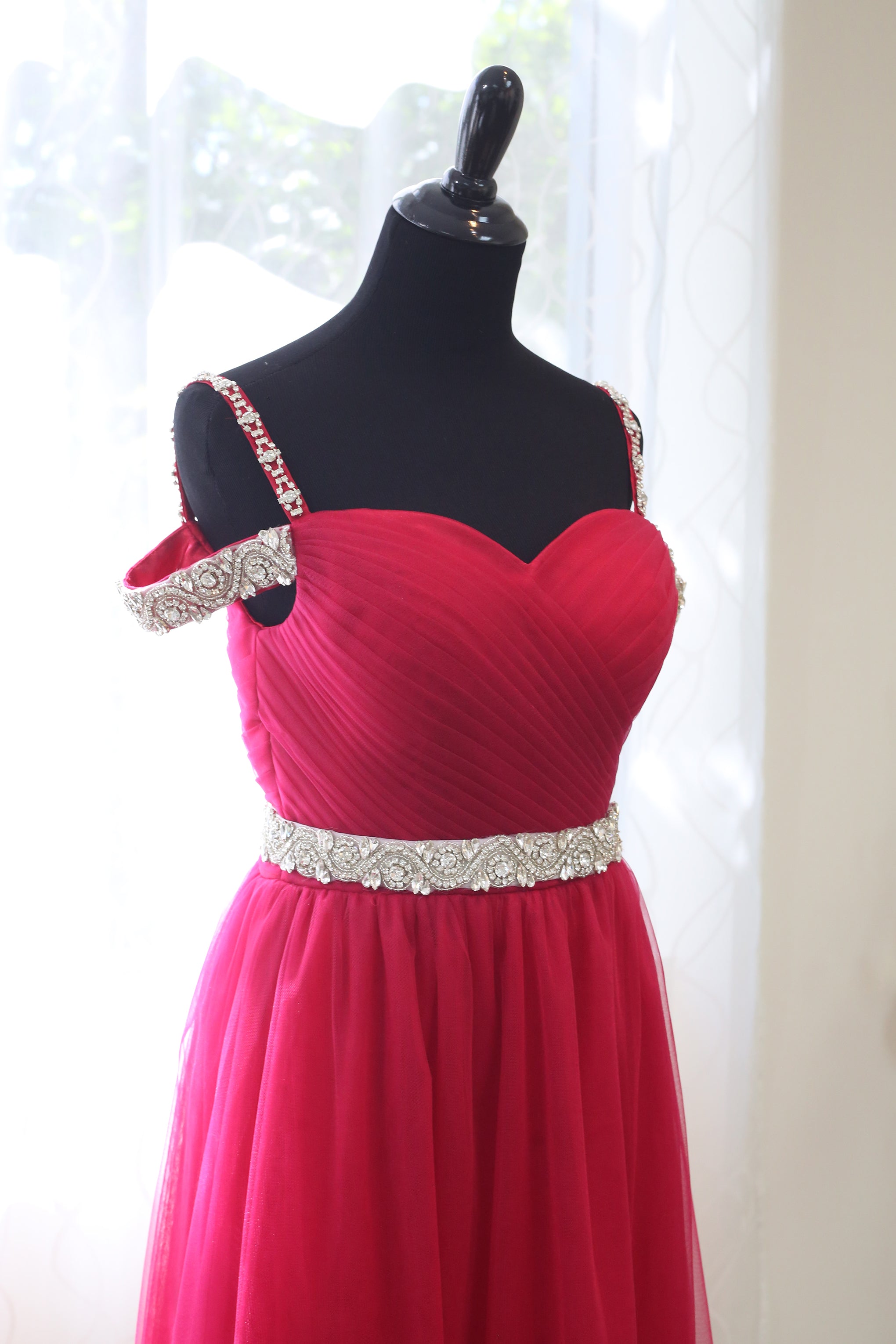 Crystal Beaded Off-shoulder Ruby Red Japanese A-line Soft Tulle Prom Dress SelenaHuanStudio