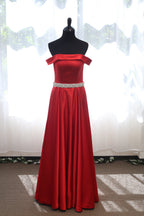 Off-shoulder Ruby Red A-line Japanese Soft Satin Prom Dress with Crystal Beaded Sash SelenaHuanStudio
