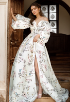 Avera - Sexy floral printed butterfly pattern front-slit bishop sleeves off-the-shoulder Satin Wedding Dress Gown SelenaHuanStudio