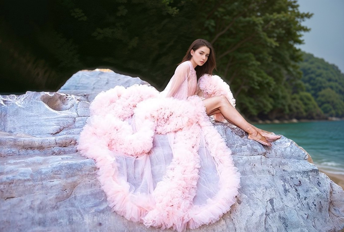 Tulle Ruffled Sleeves Fringe Multi-Color Custom Robe Dress for Theme Photo Shoot SelenaHuanStudio