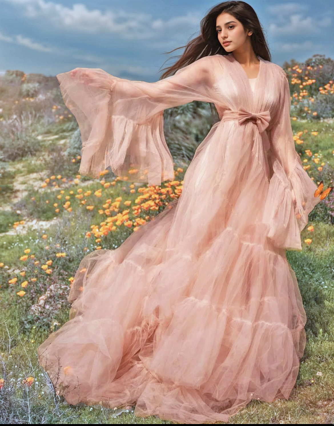 Tulle Ruffled Sleeves Layered Fringe Long Robe Dress SelenaHuanStudio