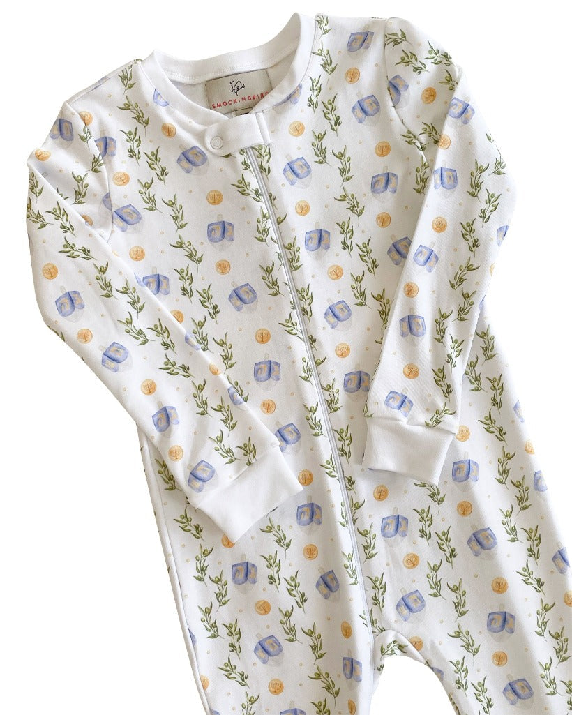 Dreaming of Dreidels Hanukkah Pima Cotton Zip Up Pajamas- FINAL SALE Smockingbird