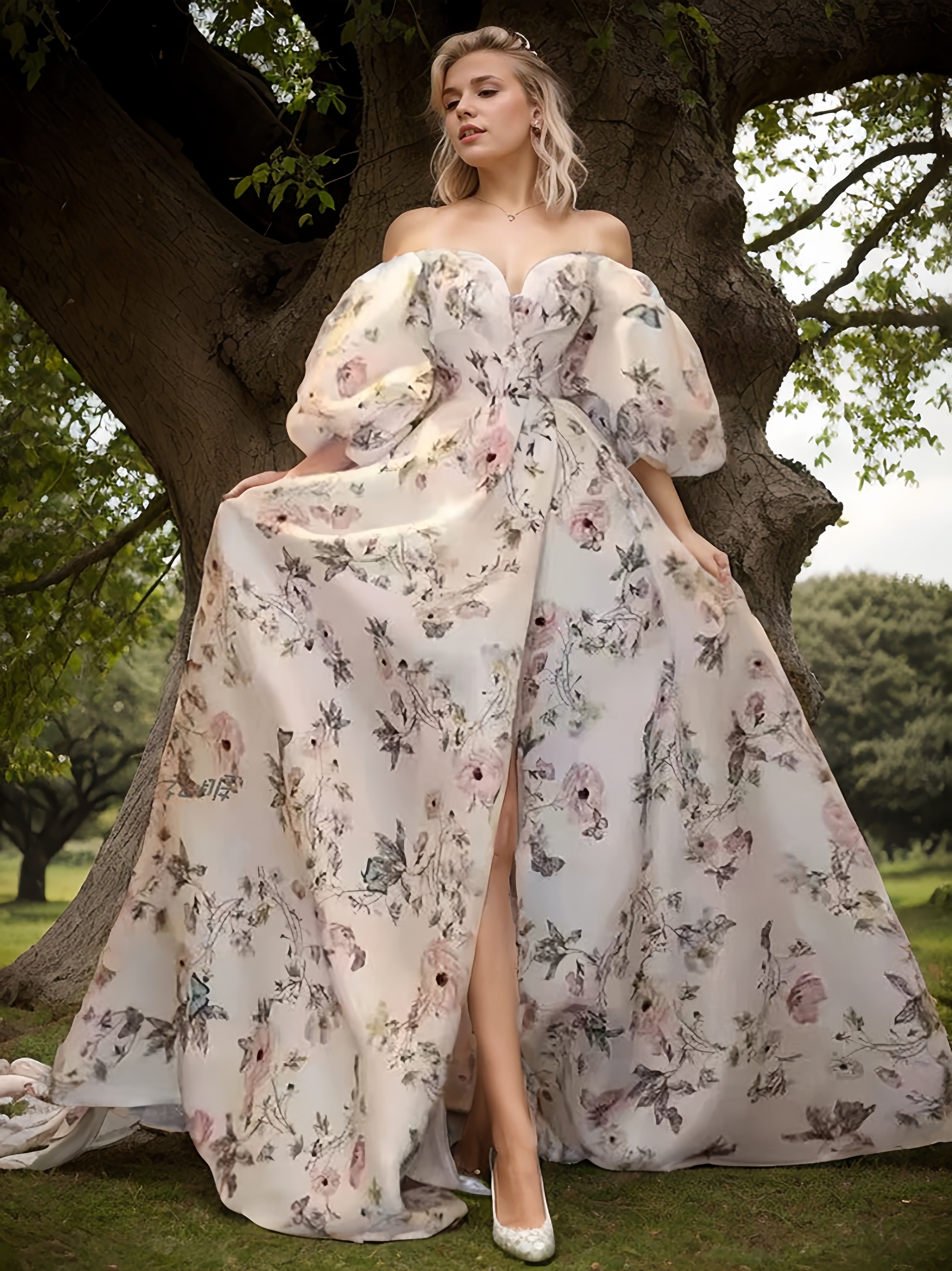 Avera - Sexy floral printed butterfly pattern front-slit bishop sleeves off-the-shoulder Satin Wedding Dress Gown SelenaHuanStudio