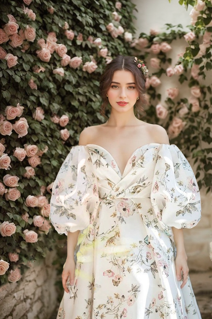 Avera - Sexy floral printed butterfly pattern front-slit bishop sleeves off-the-shoulder Satin Wedding Dress Gown SelenaHuanStudio