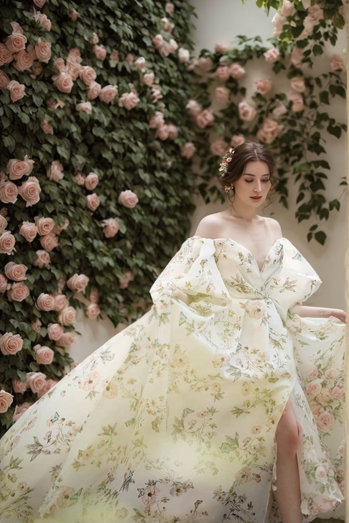 Avera - Sexy floral printed butterfly pattern front-slit bishop sleeves off-the-shoulder Satin Wedding Dress Gown SelenaHuanStudio