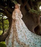 Avera - Sexy floral printed butterfly pattern front-slit bishop sleeves off-the-shoulder Satin Wedding Dress Gown SelenaHuanStudio