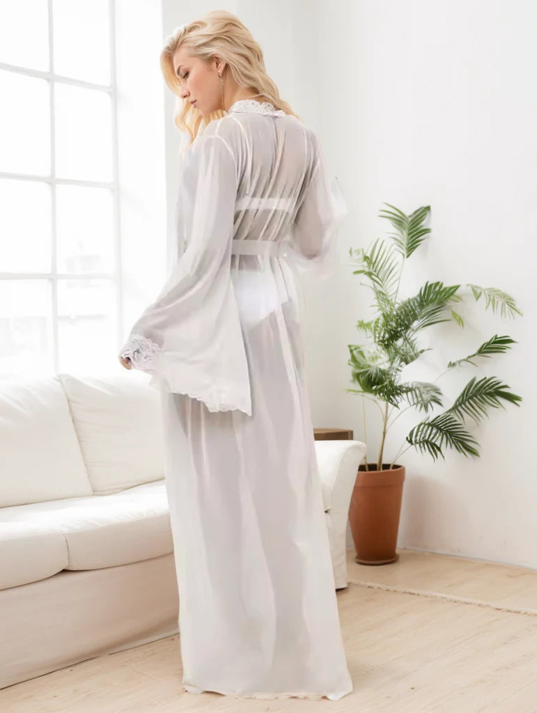 Sexy soft stretchy mesh illusion long bridal robe ivory color SelenaHuanStudio