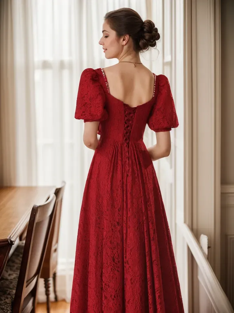 Romantic Ruby Red Lace Maxi Dress with Puff Sleeves