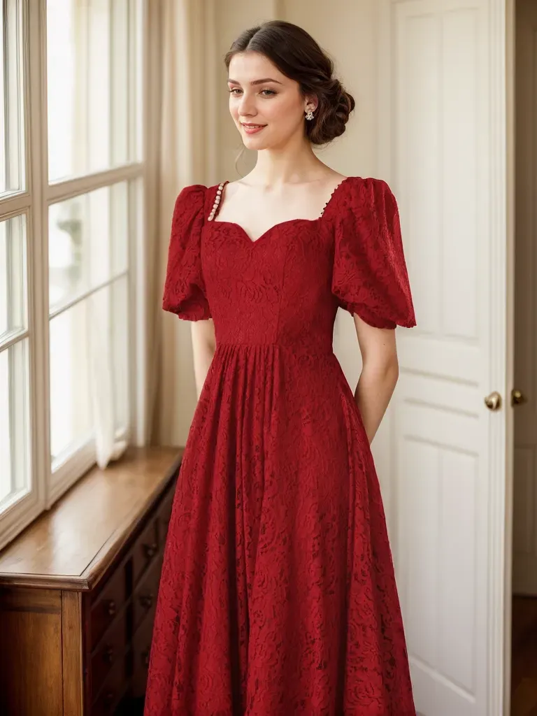 Romantic Ruby Red Lace Maxi Dress with Puff Sleeves