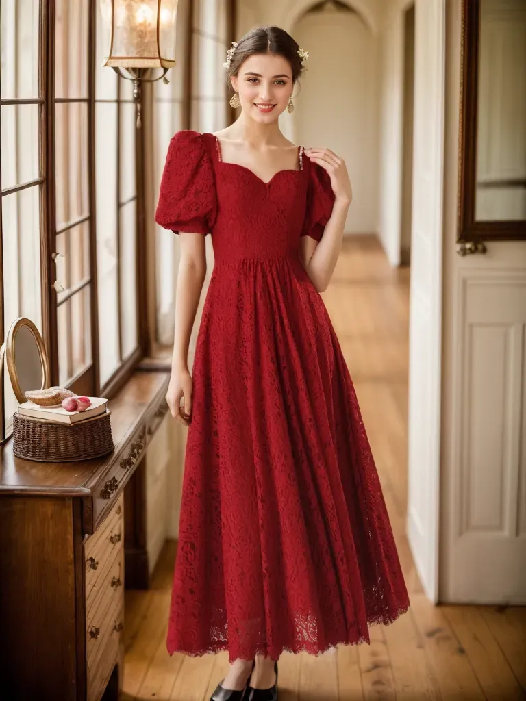 Romantic Ruby Red Lace Maxi Dress with Puff Sleeves