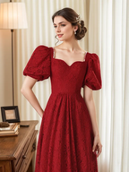 Romantic Ruby Red Lace Maxi Dress with Puff Sleeves SelenaHuanStudio