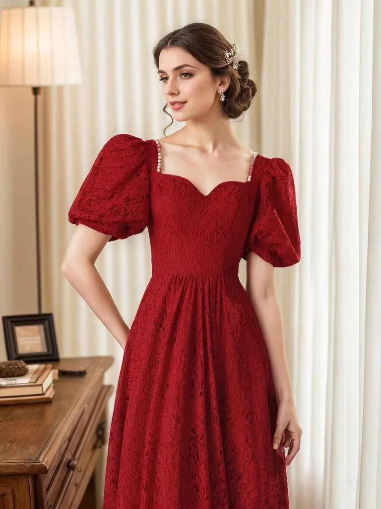 Romantic Ruby Red Lace Maxi Dress with Puff Sleeves