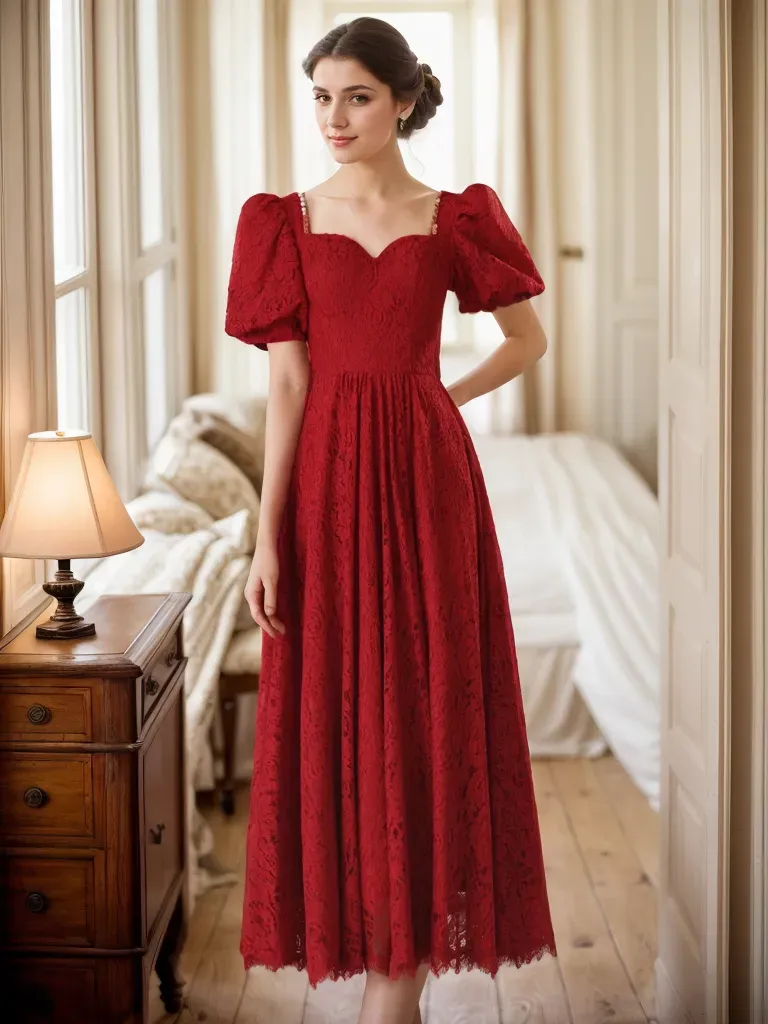 Romantic Ruby Red Lace Maxi Dress with Puff Sleeves