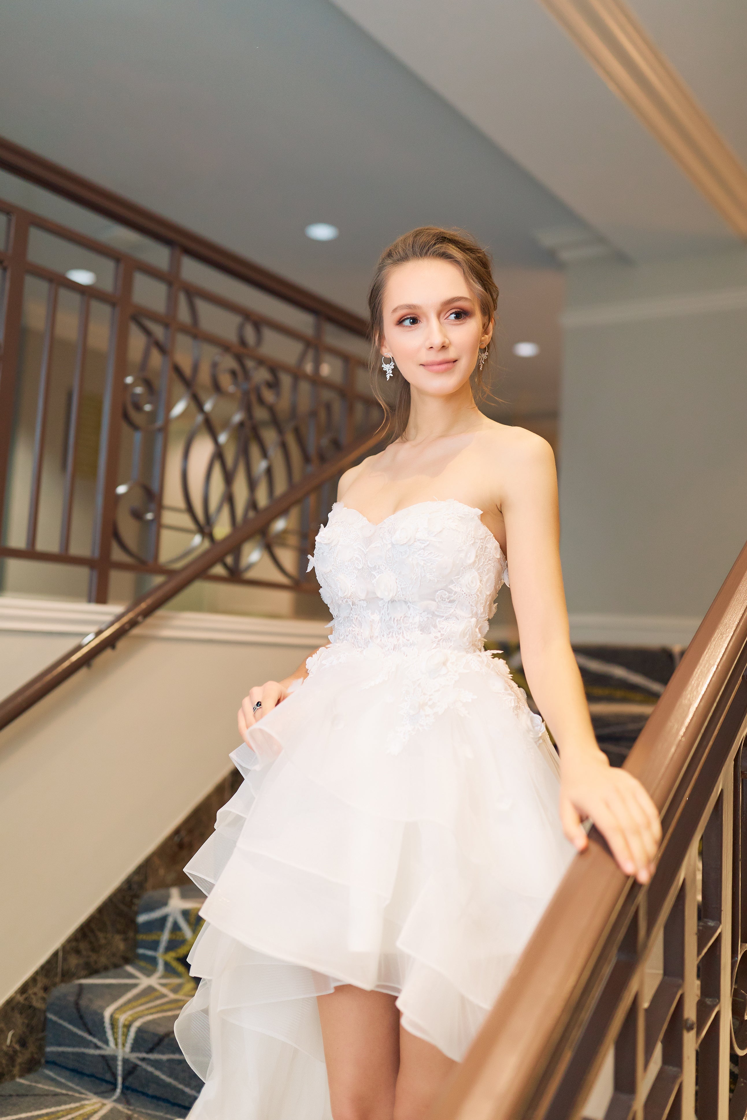 Musa - Strapless 3D Floral Lace Short-long Skirt short white wedding dress with Detachable Sleeves SelenaHuanStudio