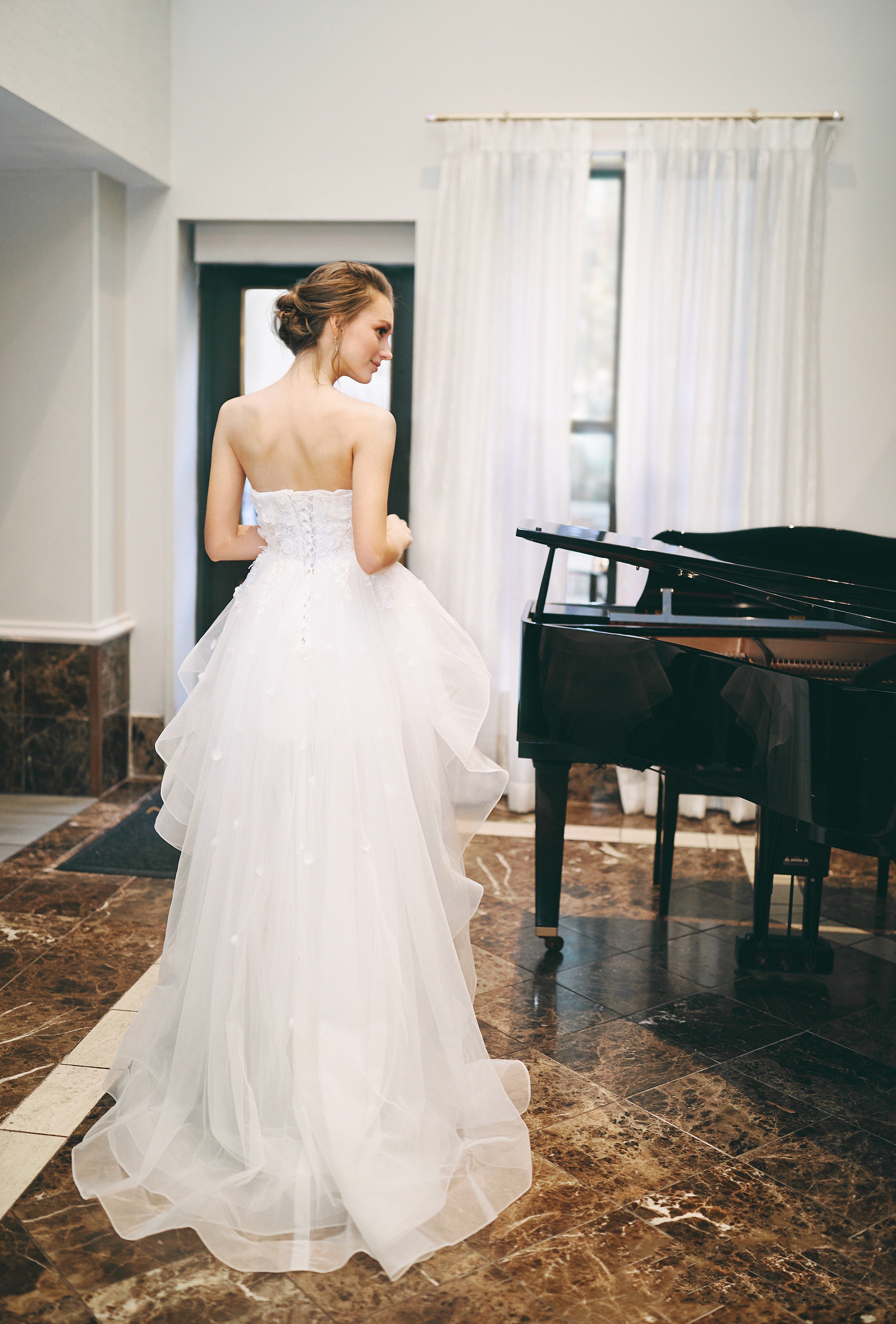 Musa - Strapless 3D Floral Lace Short-long Skirt short white wedding dress with Detachable Sleeves SelenaHuanStudio