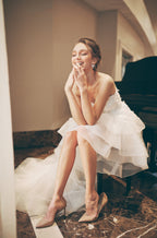 Musa - Strapless 3D Floral Lace Short-long Skirt short white wedding dress with Detachable Sleeves SelenaHuanStudio