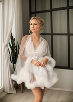 Luxurious Sheer Bridal Robe with Feathered Hem and Satin Tie SelenaHuanStudio