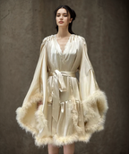 Short Satin Feather Robe – Holiday Photoshoot, Christmas Gift, Glam Party Outfit SelenaHuanStudio